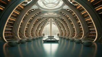 uma futurista biblioteca com prateleiras dentro simetria foto