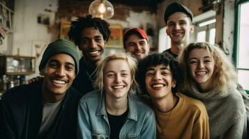 uma grupo do jovem adultos dentro de casa sorridente olhando às Câmera foto