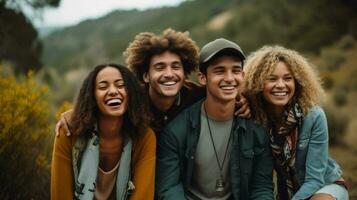 uma grupo do jovem adultos sorridente ao ar livre desfrutando natureza foto