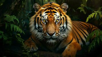 uma majestoso Bengala tigre encarando para dentro a primeiro plano foto