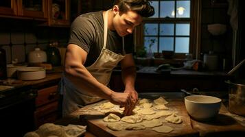 uma homem amassar massa dentro uma caseiro cozinha foto