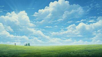 uma do uma campo com nuvens e uma azul céu foto