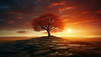 uma árvore dentro uma campo com uma vermelho céu e a Sol atrás isto foto