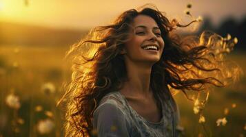 uma jovem mulher dentro uma Prado sorridente desfrutando a pôr do sol foto