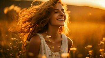 uma jovem mulher dentro uma Prado sorridente desfrutando a pôr do sol foto