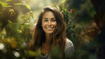 uma jovem mulher sorridente olhando às Câmera cercado de natureza foto