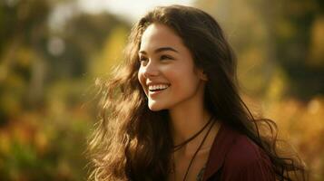 uma jovem mulher com grandes Castanho cabelo sorrisos dentro natureza foto