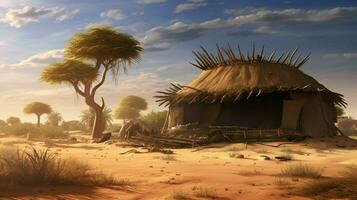 africano cabana dentro rural cena cercado de areia foto