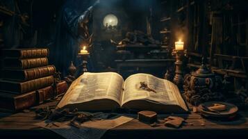 antigo Bíblia ilumina Sombrio biblioteca com sabedoria foto