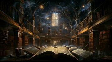 antigo Bíblia ilumina Sombrio biblioteca com sabedoria foto
