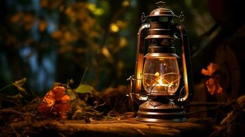 Antiguidade lanterna brilhando com querosene chama ao ar livre foto