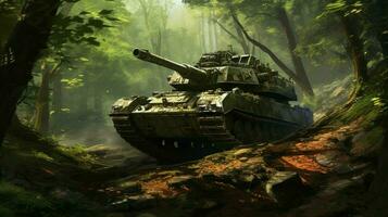 blindado tanque avanços através floresta visando estrategicamente foto