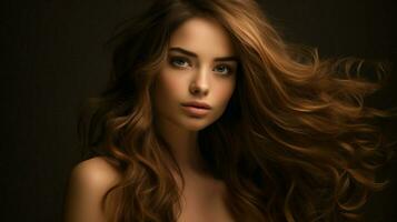 lindo jovem mulher com Castanho cabelo e sensual elegância foto