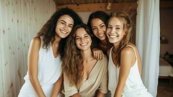 lindo jovem mulheres com cheio de dentes sorrisos dentro de casa foto