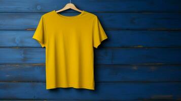 azul e amarelo t camisa em de madeira cabide foto