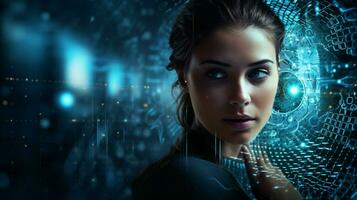 de olhos azuis cyborg mulher relógios futurista computador dados foto