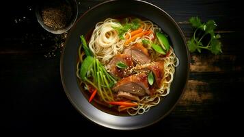 tigela do gourmet carne de porco sopa com ramen Macarrão e vegetal foto