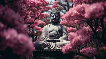 Buda estátua medita entre Rosa flores dentro floresta foto