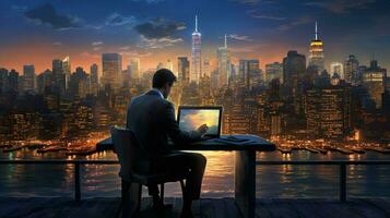 homem de negocios digitando em computador portátil dentro iluminado paisagem urbana foto