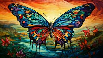 borboleta vôo sobre vibrante naturezas colorida padrões foto