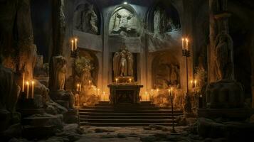 católico altar dentro antigo monumento iluminado às noite foto