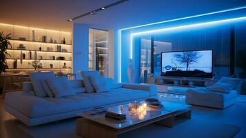 confortável moderno vivo quarto iluminado de azul luz foto