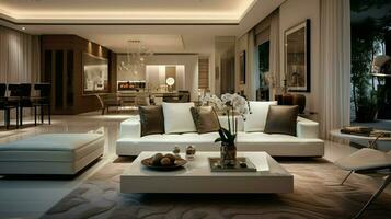 confortável moderno vivo quarto com elegante decoração foto