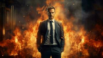 confiante homem de negocios em pé dentro frente do queimando chama foto