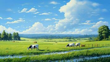 vacas pastar dentro uma verde Prado uma pacífico rural cena foto