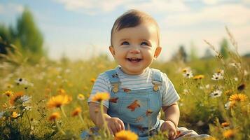 fofa bebê Garoto jogando ao ar livre sorridente com inocência foto