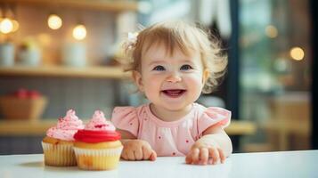 fofa bebê menina sorridente enquanto comendo doce Bolinho dentro de casa foto