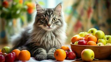 fofa doméstico gato comendo fruta dentro de casa olhando às Câmera foto