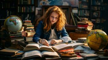 fofa menina estudando geografia cercado de literatura foto