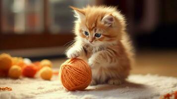 fofa gatinho jogando com uma bola do lã dentro de casa inverno foto