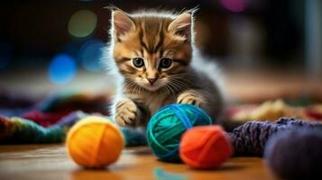 fofa gatinho jogando com uma bola do lã dentro de casa inverno foto