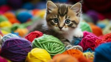 fofa gatinho jogando com colorida lã olhando às a Câmera foto