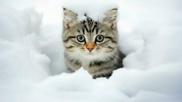 fofa gatinho sentado dentro neve encarando às Câmera com curiosidades foto