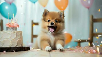 fofa cachorro sentado olhando às Câmera brincalhão a comemorar foto