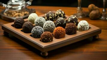 Sombrio chocolate trufas dentro uma gourmet coleção foto