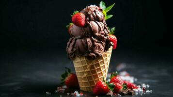 delicioso chocolate gelo creme cone com morango cobertura foto