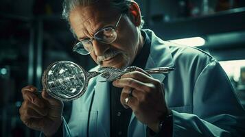 médico examina com brilhante metal diagnóstico ferramenta foto