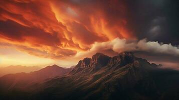 dramático céu montanha silhueta às pôr do sol deslumbrante foto