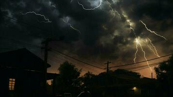 eletricidade crepitação através a Sombrio tempestade nuvens foto