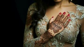 elegante noiva hena adornando mão e beleza foto