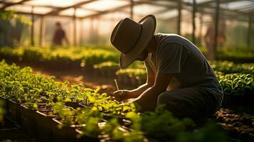 Fazenda trabalhador plantio Novo vida dentro estufa foto