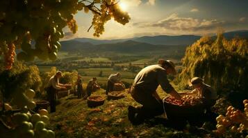 agricultores colheita fresco fruta dentro a outono luz solar calor foto