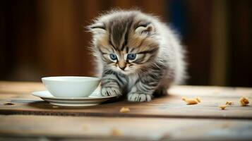 fofo gatinho comendo a partir de pires em de madeira mesa dentro de casa foto