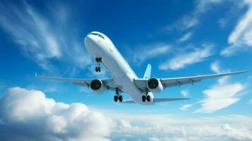 vôo comercial avião levando fora para dentro brilhante azul foto