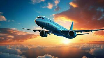 vôo passageiro avião levando fora para dentro azul pôr do sol céu foto