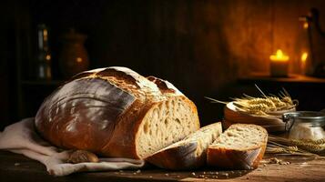 fresco pão em rústico de madeira mesa saudável comendo foto
